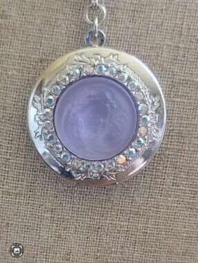 Silver-Tone Lavender Cameo Pendant Locket Necklace with Aurora Crystal Accents